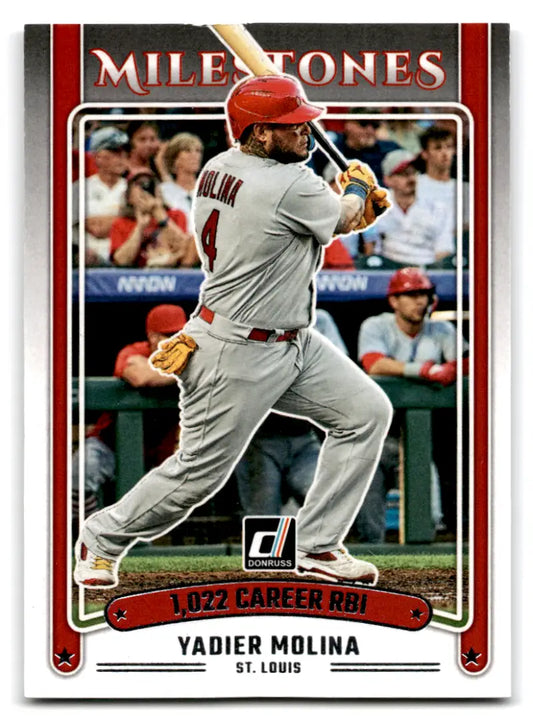 Original gloss Donruss Milestones baseball card featuring Yadier Molina Cardinals