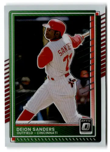Original gloss Donruss Optic Deion Sanders baseball trading card displayed in 2025 product