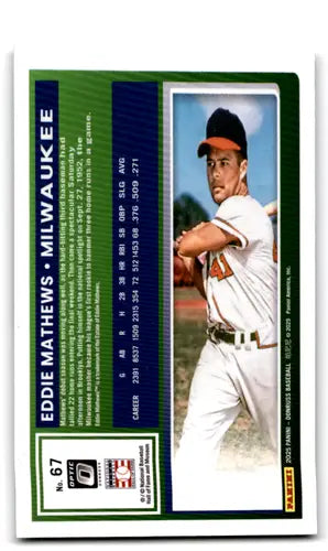 Original gloss Donruss Optic Eddie Mathews baseball card from 2025 Braves series