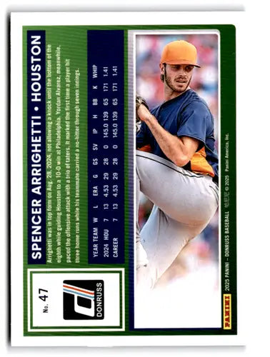 Baseball trading card featuring Spencer Arrighetti from 2025 Donruss Rockets series