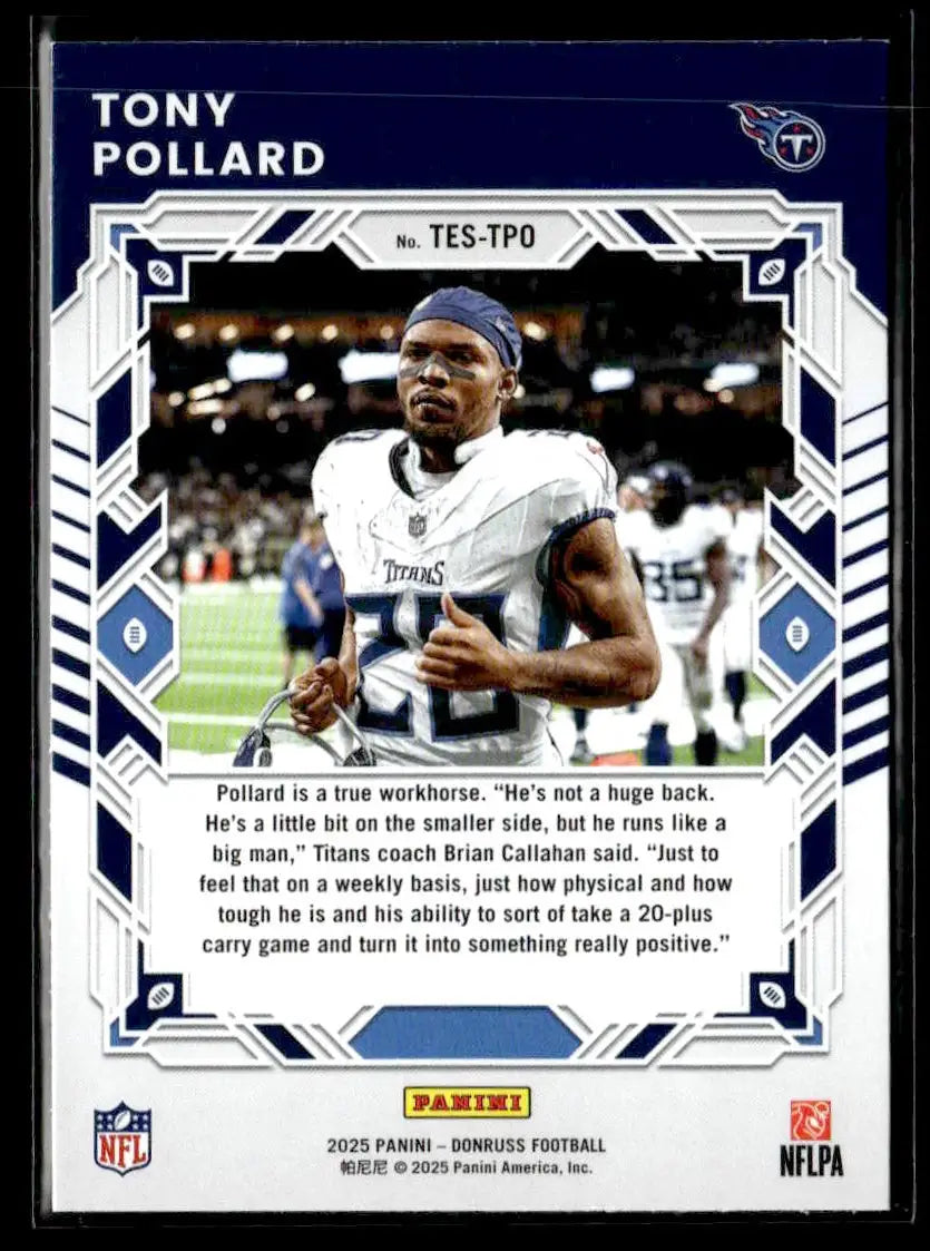 Tony Pollard football trading card from 2025 Donruss Elite Series featuring Tennessee Titans