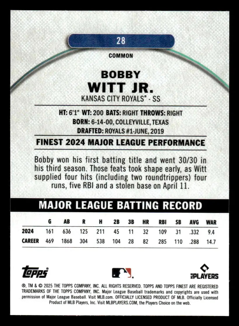 Baseball trading card of Bobby Witt Jr from Kansas City Royals 2025 Finest series