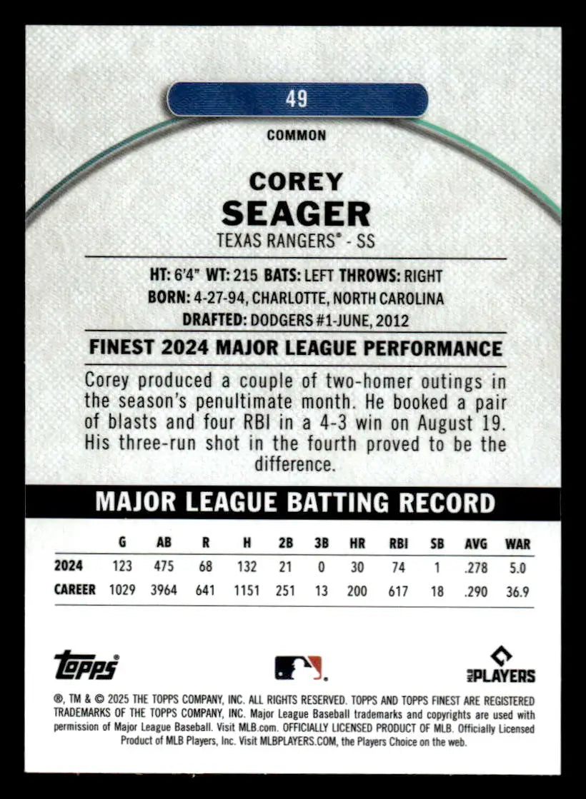 Baseball trading card featuring Corey Seager Texas Rangers player statistics 2025 Finest #49