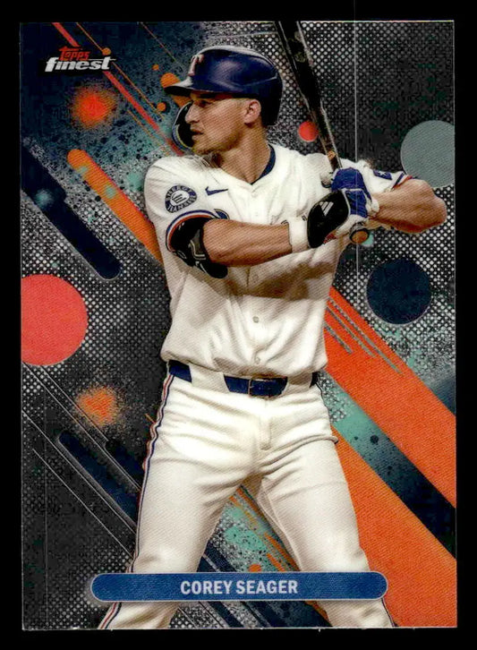 Baseball trading card featuring Corey Seager in batting stance from 2025 Finest #49 Texas Rangers