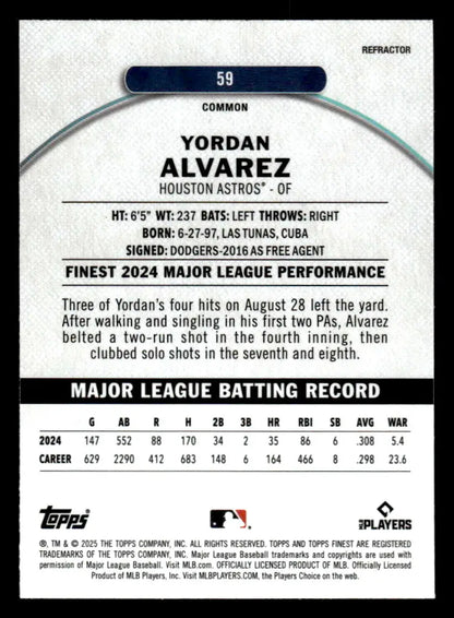 Back of 2025 Finest Yordan Alvarez baseball card featuring Houston Astros player