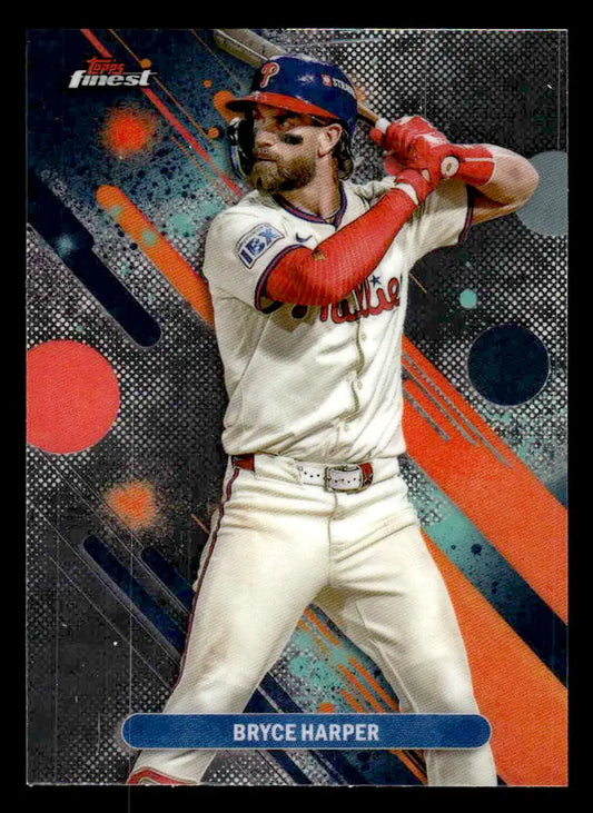 Baseball trading card featuring Bryce Harper in Philadelphia Phillies uniform 2025 Finest #73