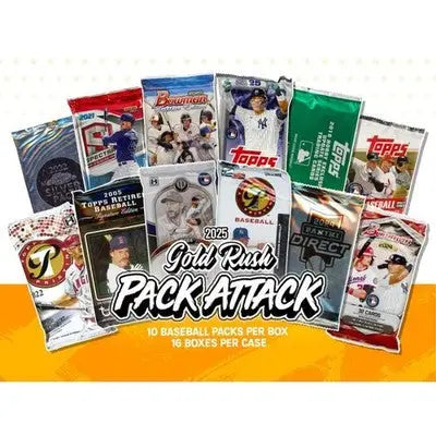 2025 Gold Rush Pack Attack Baseball Box with collection of baseball card packs from various years and brands