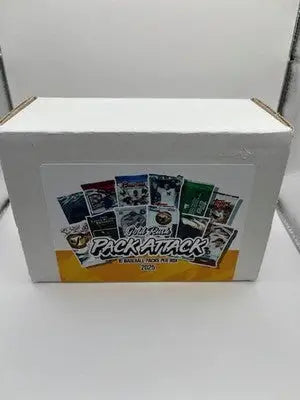 White box with assorted baseball card packs in the 2025 Gold Rush Pack Attack Baseball Box
