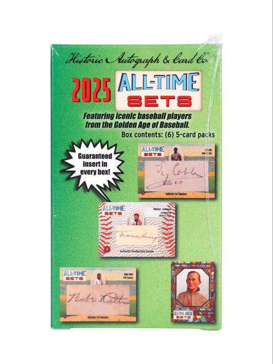 Sealed 2025 Historic Autographs All Time Sets Baseball Hobby Box showcasing pull rate