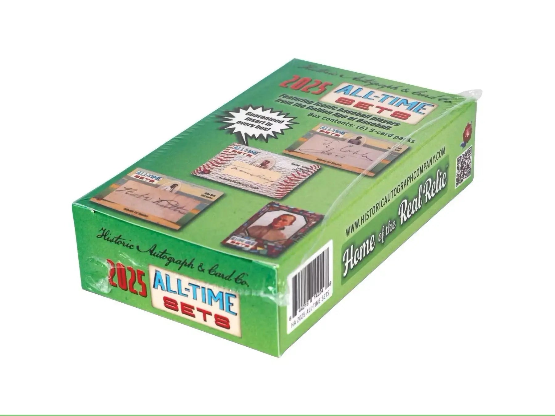 Sealed box of baseball cards from 2025 Historic Autographs All Time Sets Baseball Hobby Box showing pull rate