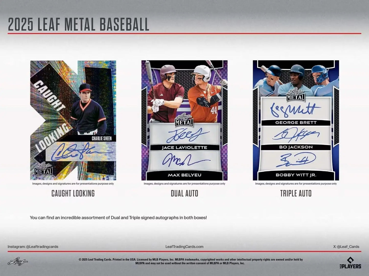 Autographed Leaf Metal Baseball trading cards including caught looking dual auto triple auto displays in Columbia Sports Cards 2025 Leaf Metal Baseball Hobby Box