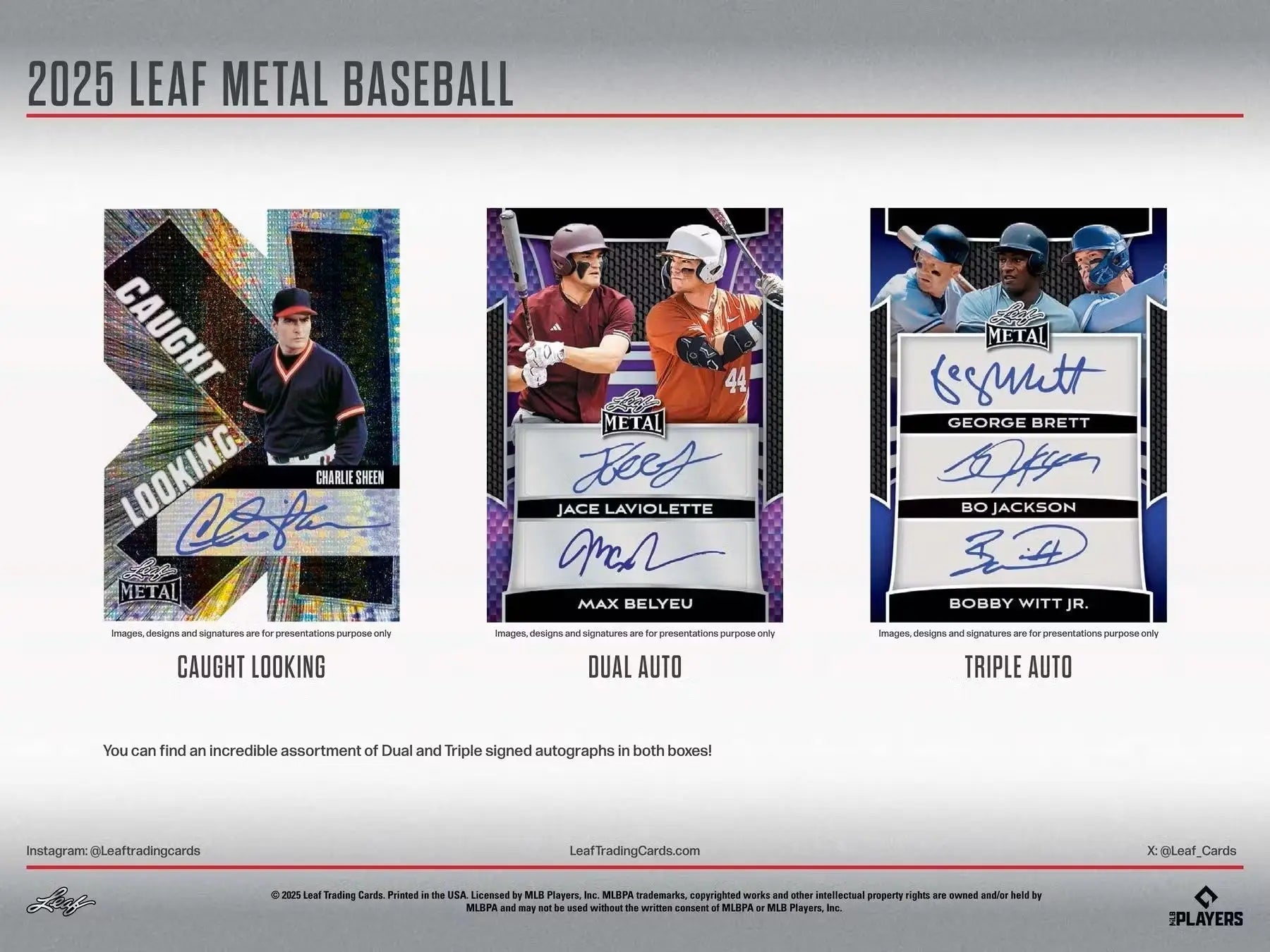 Autographed Leaf Metal Baseball trading cards including caught looking dual auto triple auto displays in Columbia Sports Cards 2025 Leaf Metal Baseball Hobby Box