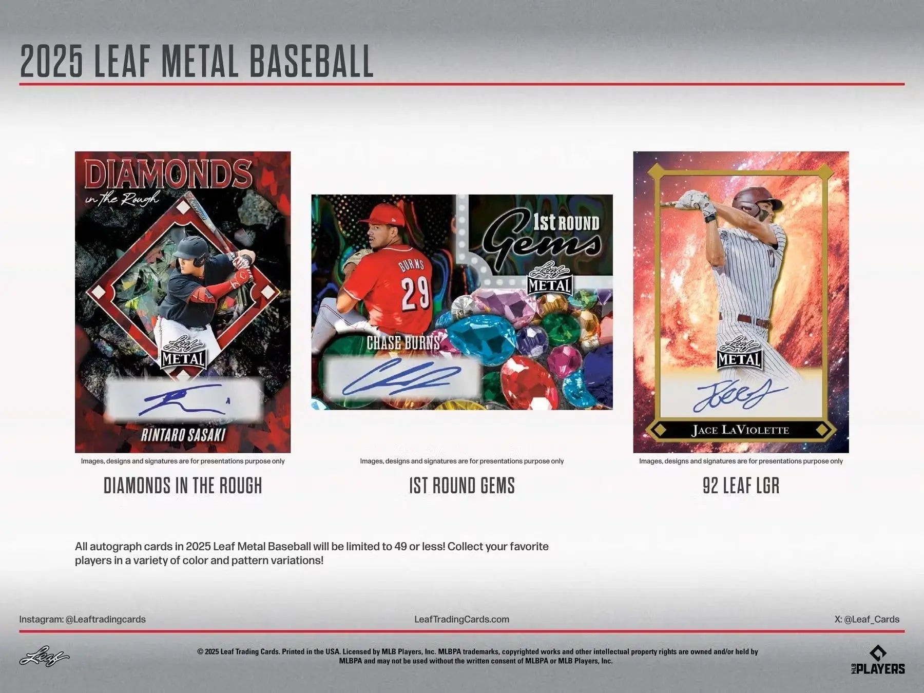 Display of three collectible 2025 Leaf Metal Baseball trading cards with autographs