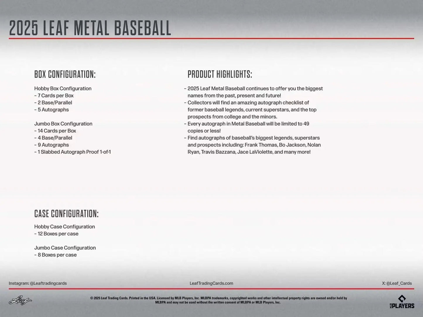 Sales sheet for 2025 Leaf Metal Baseball Hobby Box with autographs and player highlights