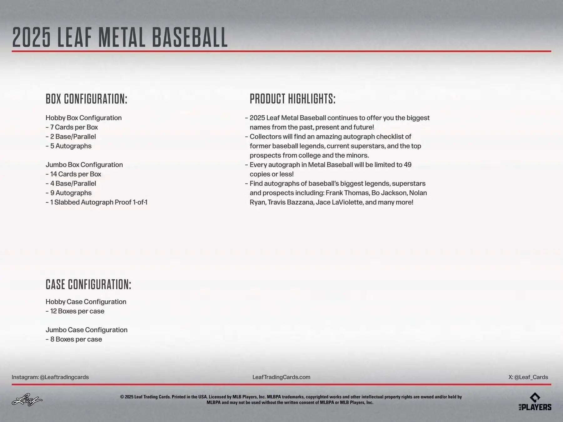 Sales sheet for 2025 Leaf Metal Baseball Hobby Box with autographs and player highlights
