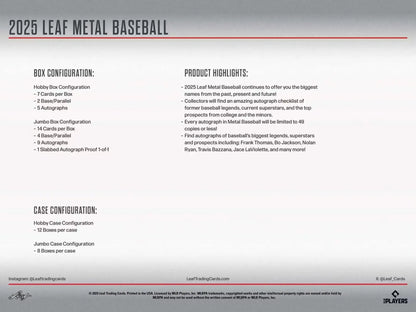Sales sheet for 2025 Leaf Metal Baseball Hobby Box with autographs and player highlights