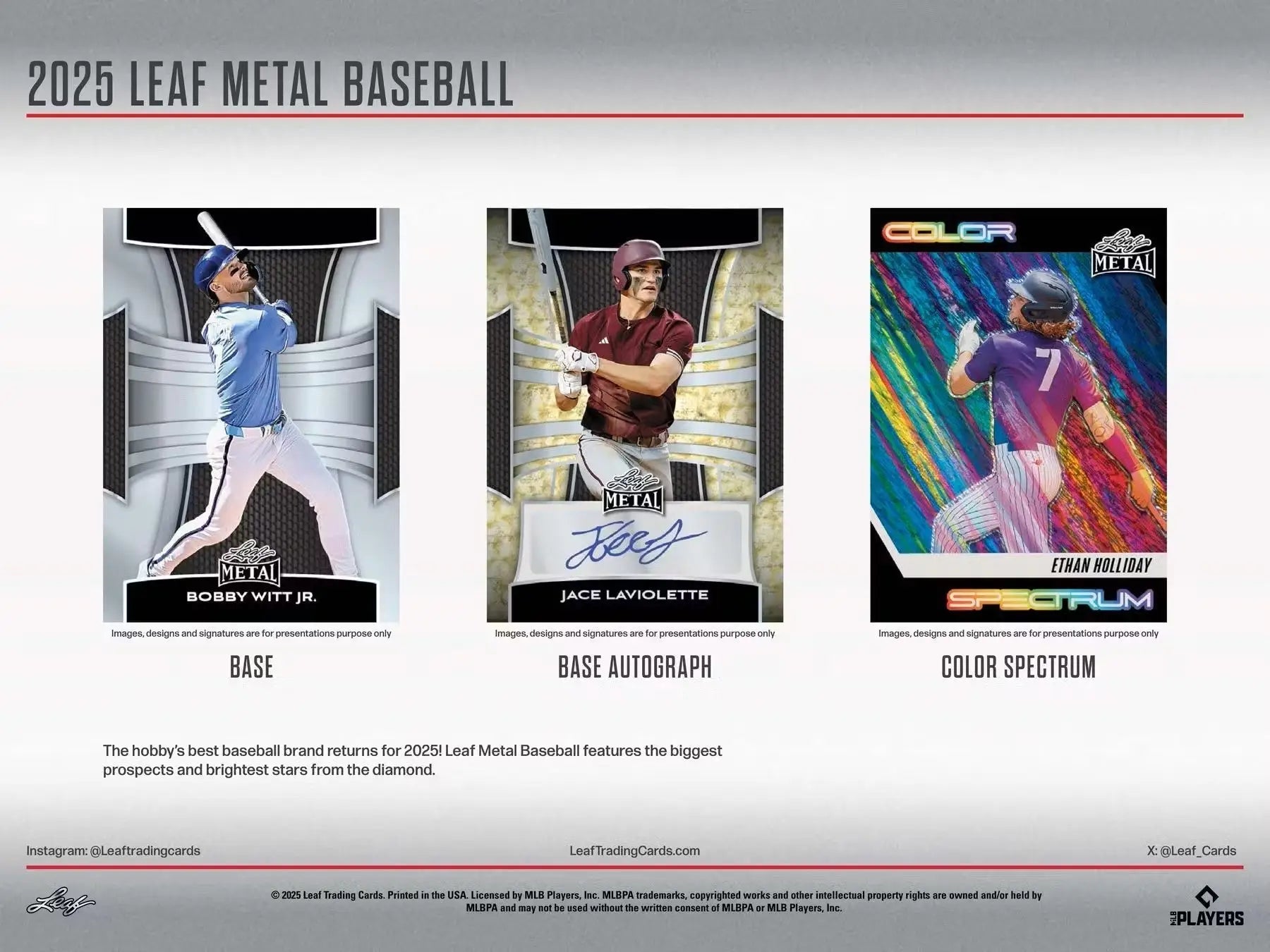 Three Leaf Metal Baseball trading cards from the 2025 Leaf Metal Baseball Hobby Box
