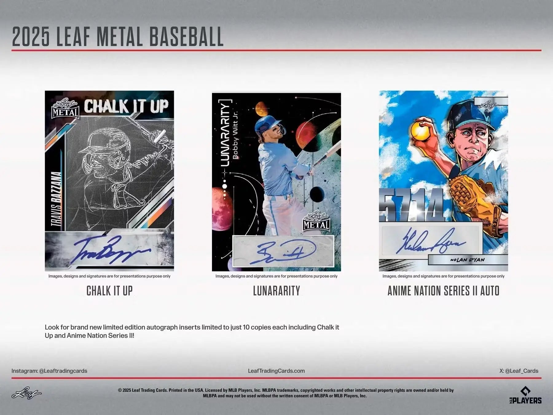 Display of three collectible leaf metal baseball trading cards from 2025 Leaf Metal Baseball Hobby Box