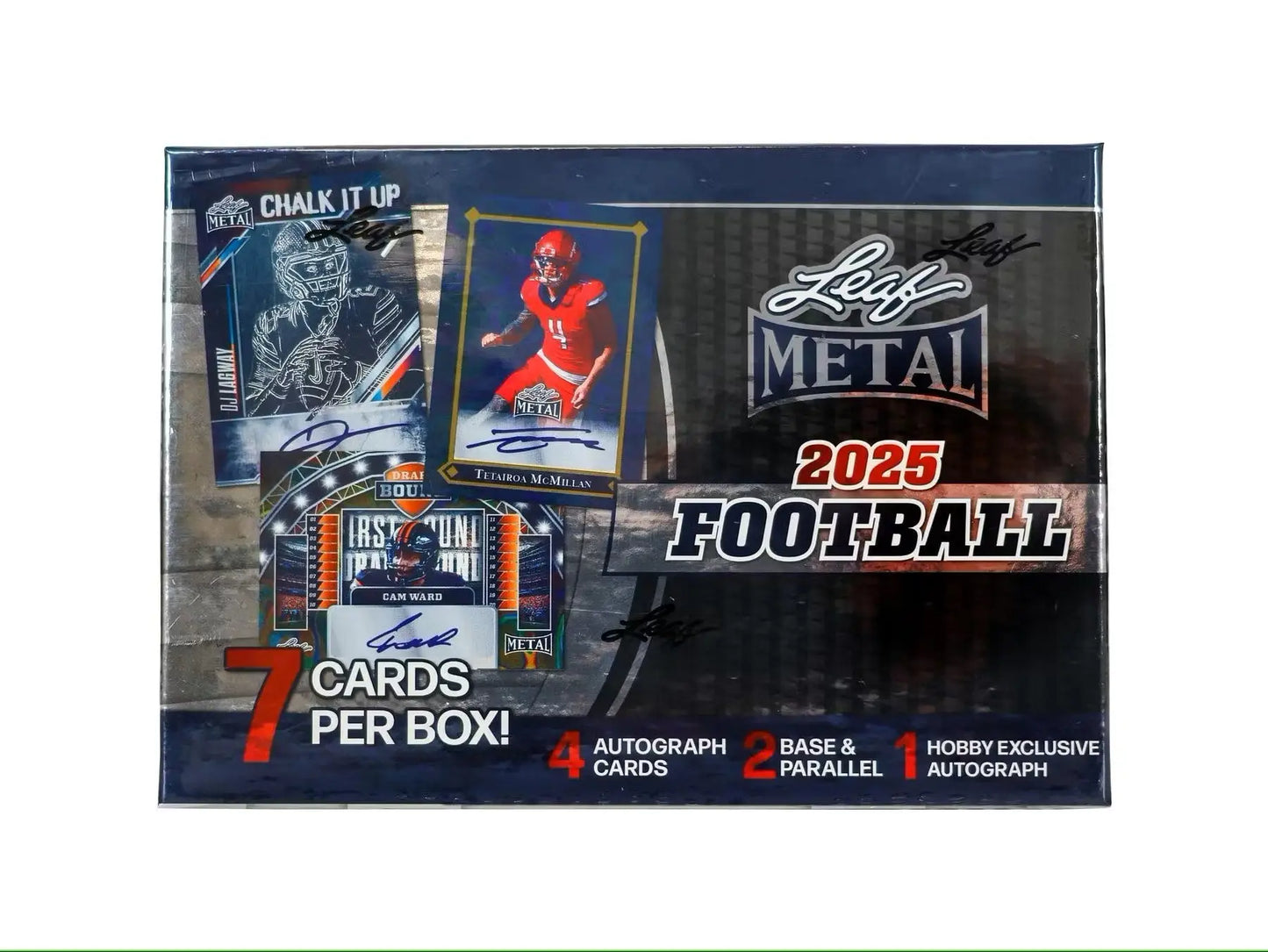 Box of 2025 Leaf Metal Football trading cards in a Leaf Metal Football Hobby Box