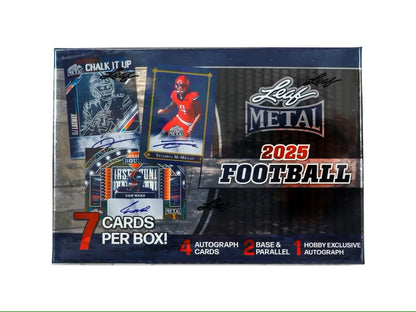Box of 2025 Leaf Metal Football trading cards in a Leaf Metal Football Hobby Box