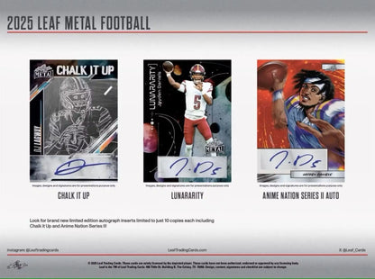 Collectible metal football trading cards from the 2025 Leaf Metal Football Hobby Box