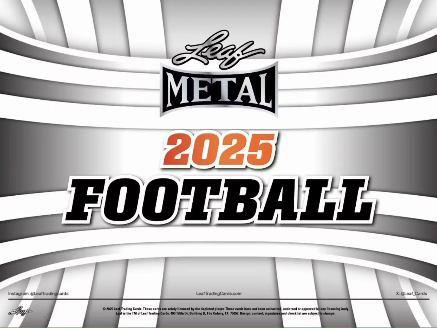 Advertising graphic for 2025 Leaf Metal Football trading card set in Leaf Metal Football hobby box