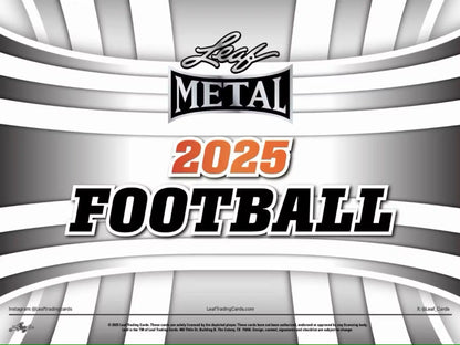 Advertising graphic for 2025 Leaf Metal Football trading card set in Leaf Metal Football hobby box