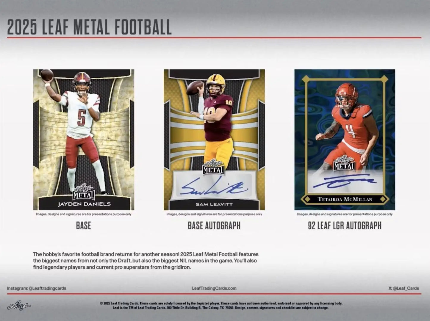 Promotional display of 2025 Leaf Metal Football trading cards including autographs and base cards
