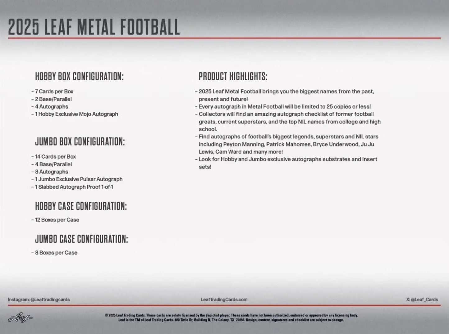 Promotional flyer for 2025 Leaf Metal Football trading cards in Leaf Metal Football hobby box