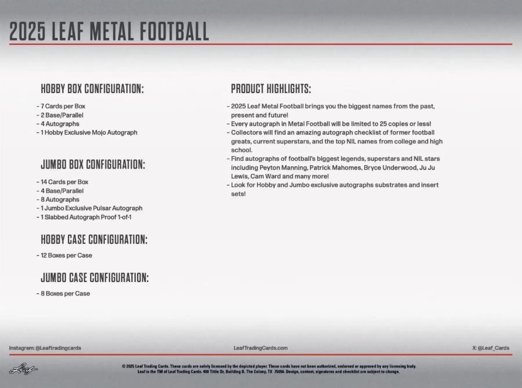 Promotional flyer for 2025 Leaf Metal Football trading cards in Leaf Metal Football hobby box
