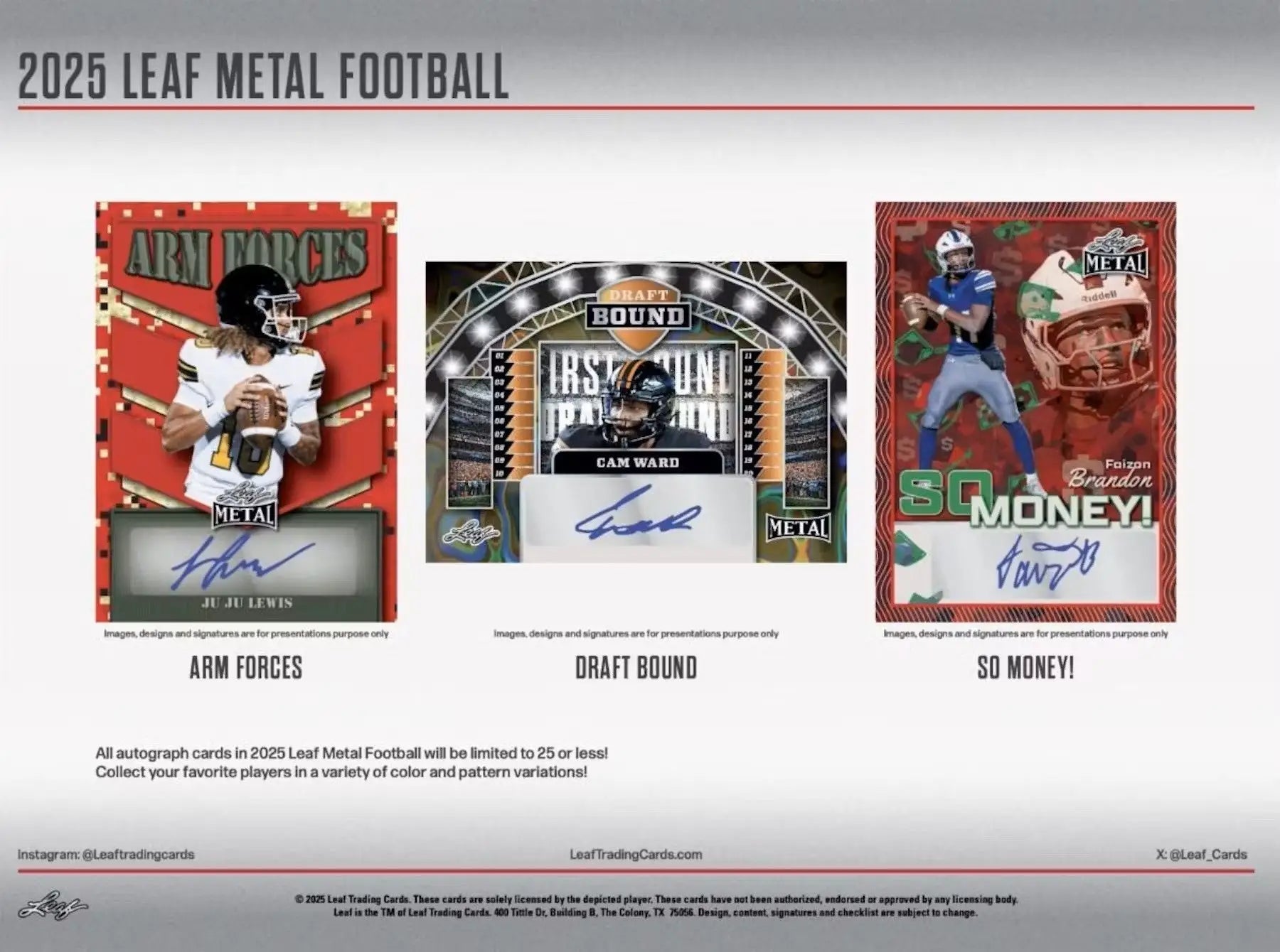 Three metal football trading cards from the 2025 Leaf Metal Football Hobby Box