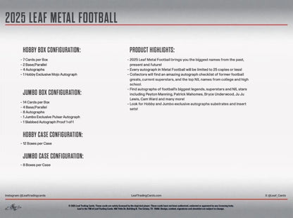 2025 Leaf Metal Football hobby jumbo box with metal football product configurations and highlights