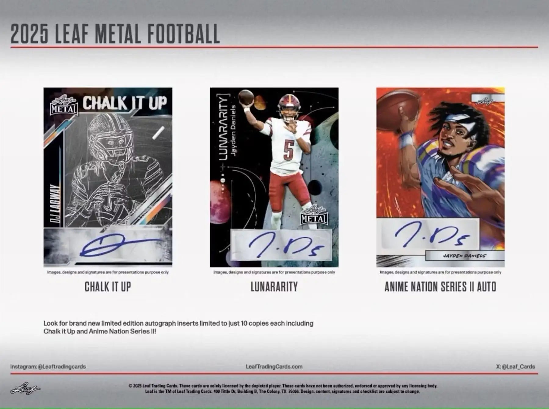 Three metal football trading cards from the 2025 Leaf Metal Football Hobby Jumbo Box