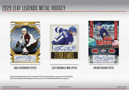 Hockey trading cards from 2025 Leaf Metal Legends Hockey Hobby Box with three metal autographs