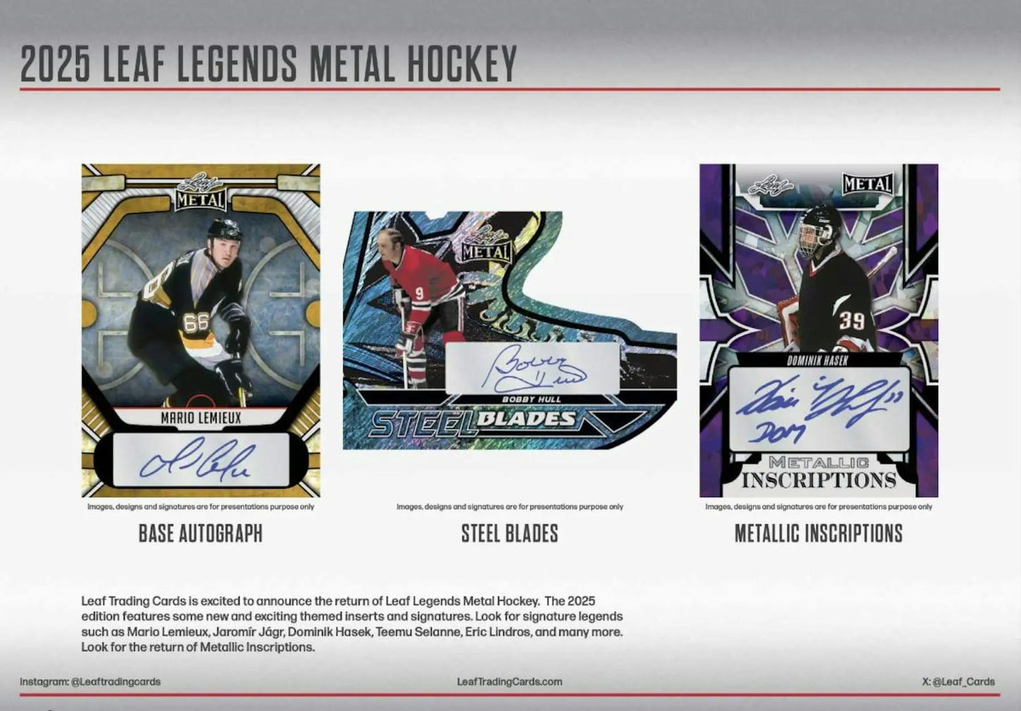 Hockey trading cards from 2025 Leaf Metal Legends Hockey Hobby Box featuring three metal autographs