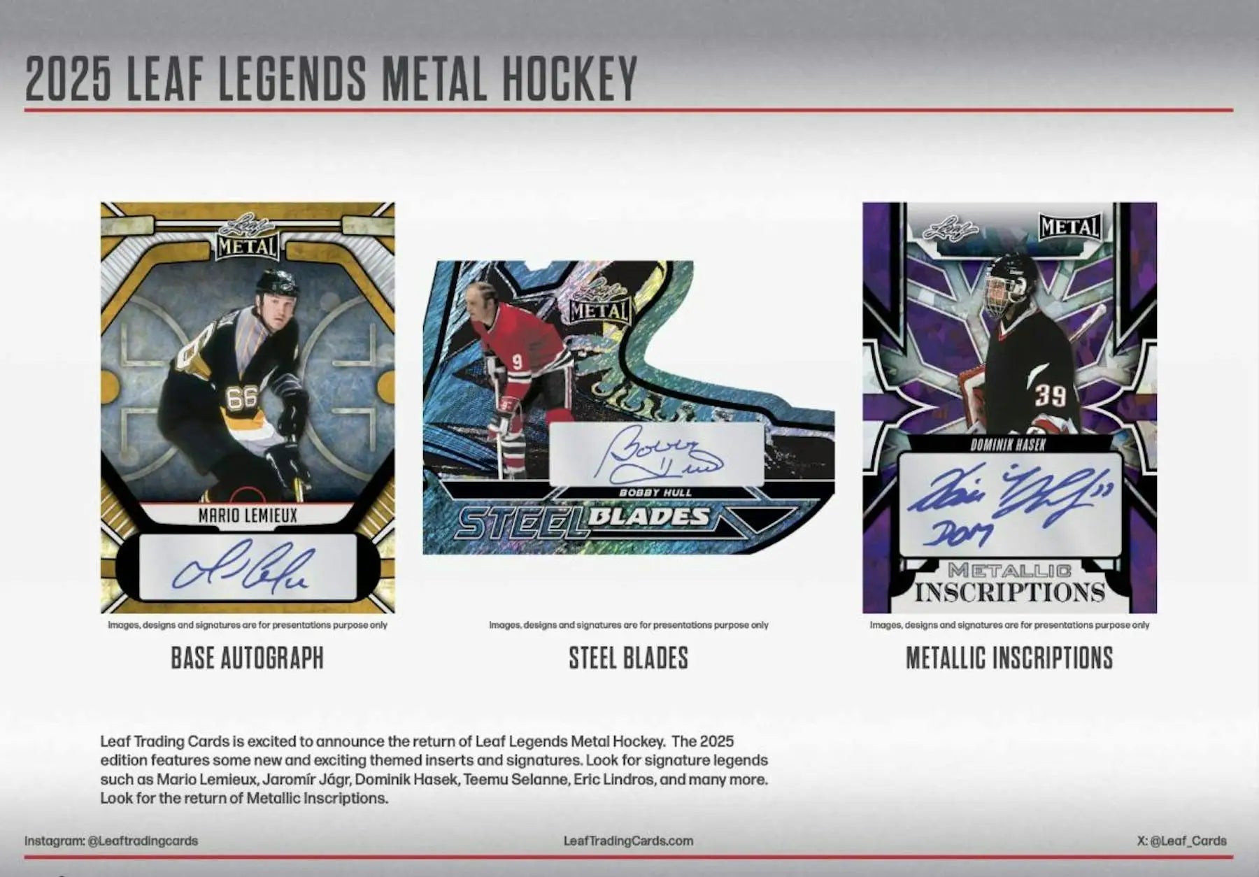 Hockey trading cards from 2025 Leaf Metal Legends Hockey Hobby Box featuring three metal autographs
