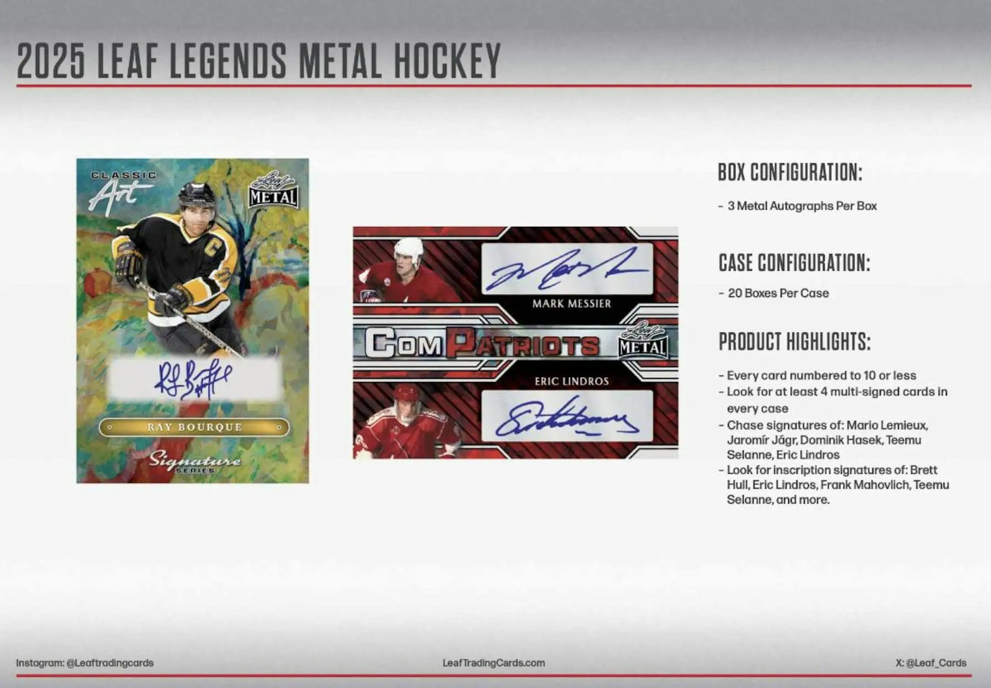 Hockey card product ad for 2025 Leaf Metal Legends Hockey Hobby Box with three metal autographs
