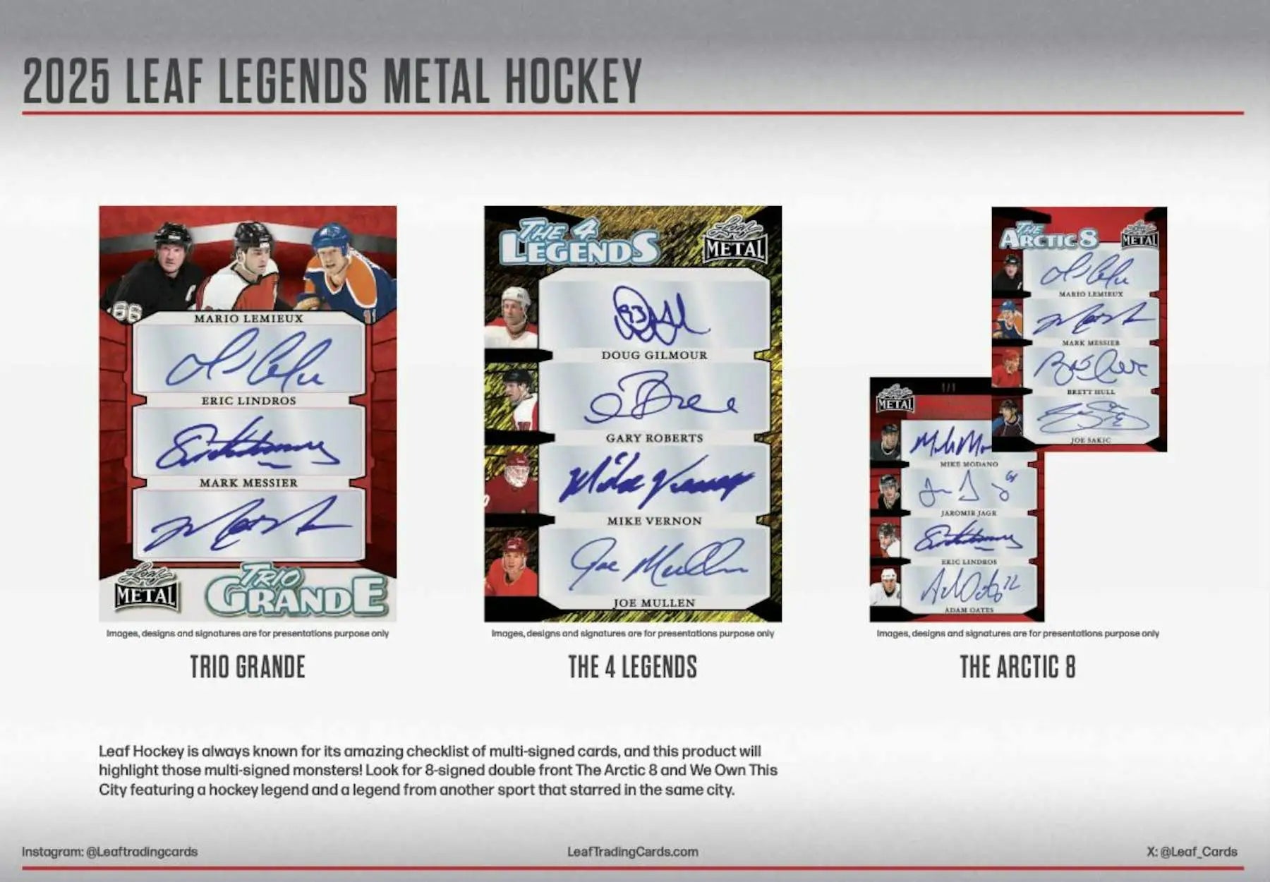 Hockey card product advertisement for 2025 Leaf Metal Legends Hockey Hobby Box with three metal autographs