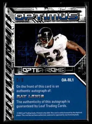 Football trading card featuring Ray Lewis from Leaf Optichrome Baltimore Ravens autographs