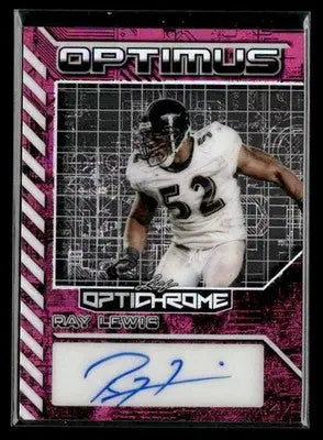 Ray Lewis autographed football trading card from 2025 Leaf Optichrome series featuring Baltimore Ravens