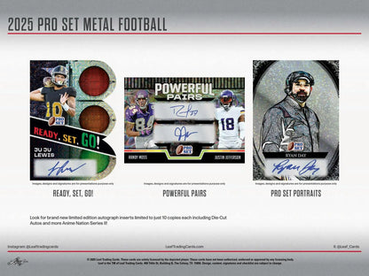 Promotional image for 2025 Pro Set Metal Football trading cards in Surname Signature Box