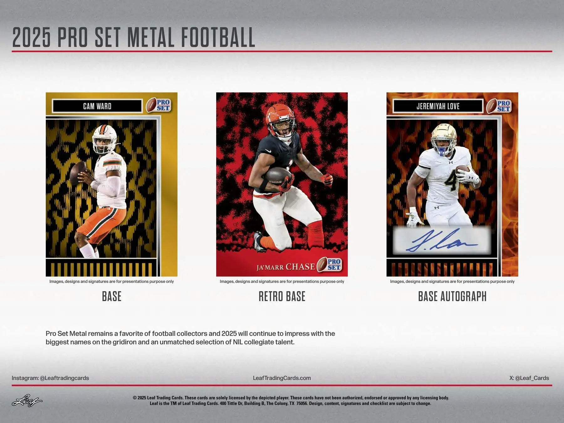 Promotional poster for 2025 Pro Set Metal Football trading cards in Surname Signature Box