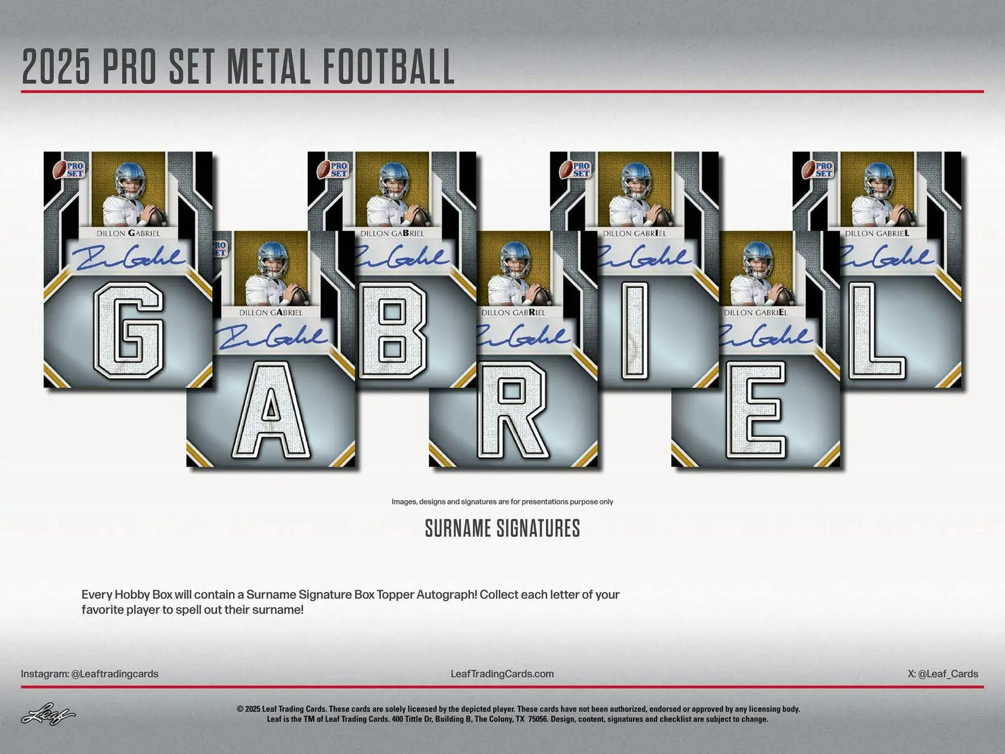 2025 Leaf Pro Set Metal Football Hobby Box with trading cards featuring autograph and surname signature