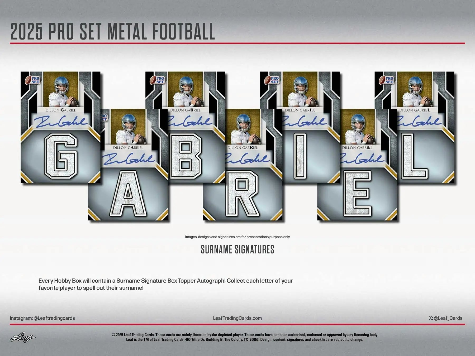 2025 Leaf Pro Set Metal Football Hobby Box with trading cards featuring autograph and surname signature