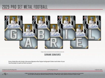 2025 Leaf Pro Set Metal Football Hobby Box with trading cards featuring autograph and surname signature