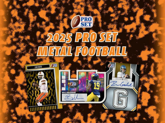 Promotional poster for 2025 Pro Set Metal Football trading cards in Surname Signature Box
