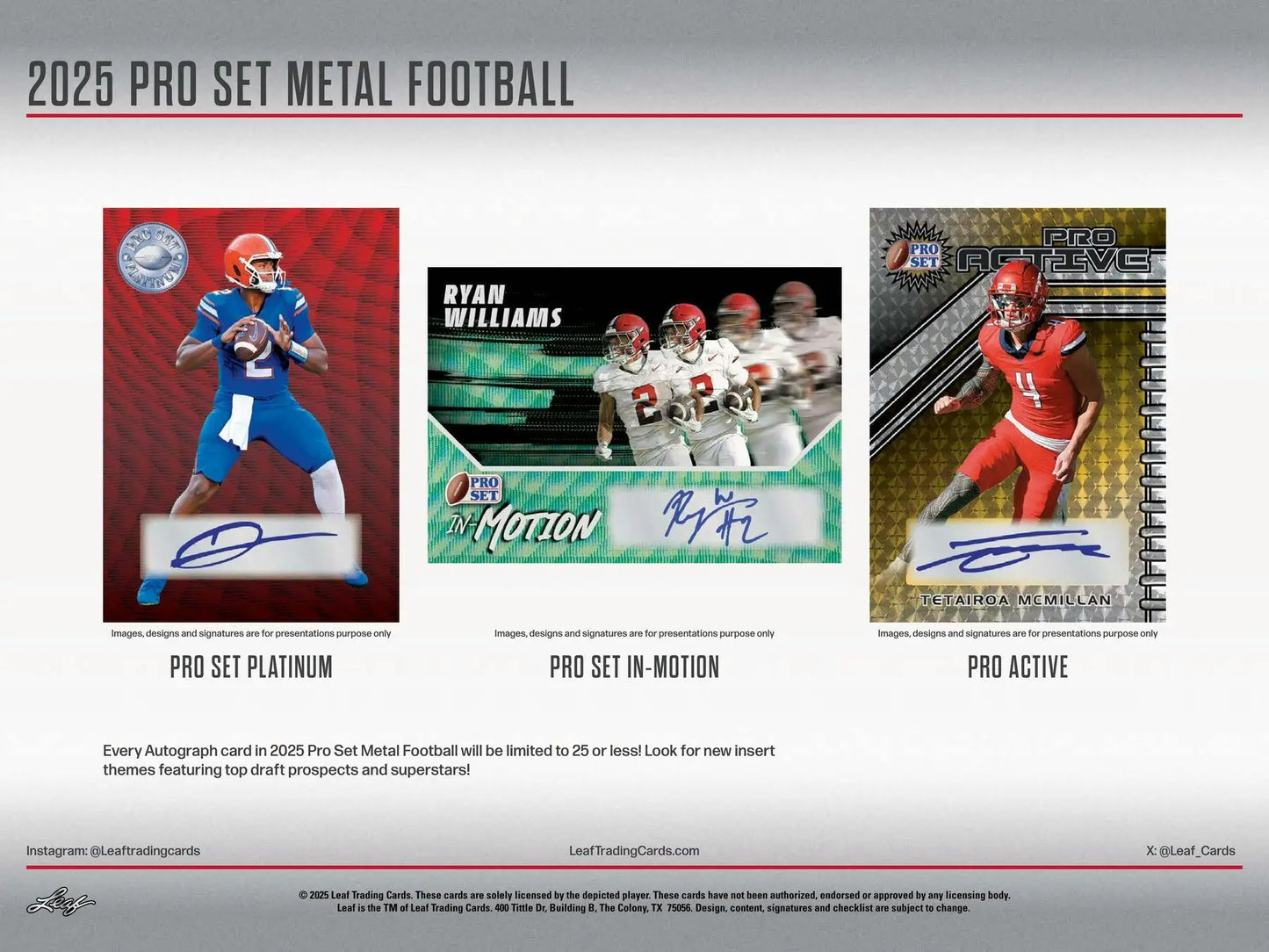 2025 Leaf Pro Set Metal Football Hobby Box featuring pro set cards with surname signature designs