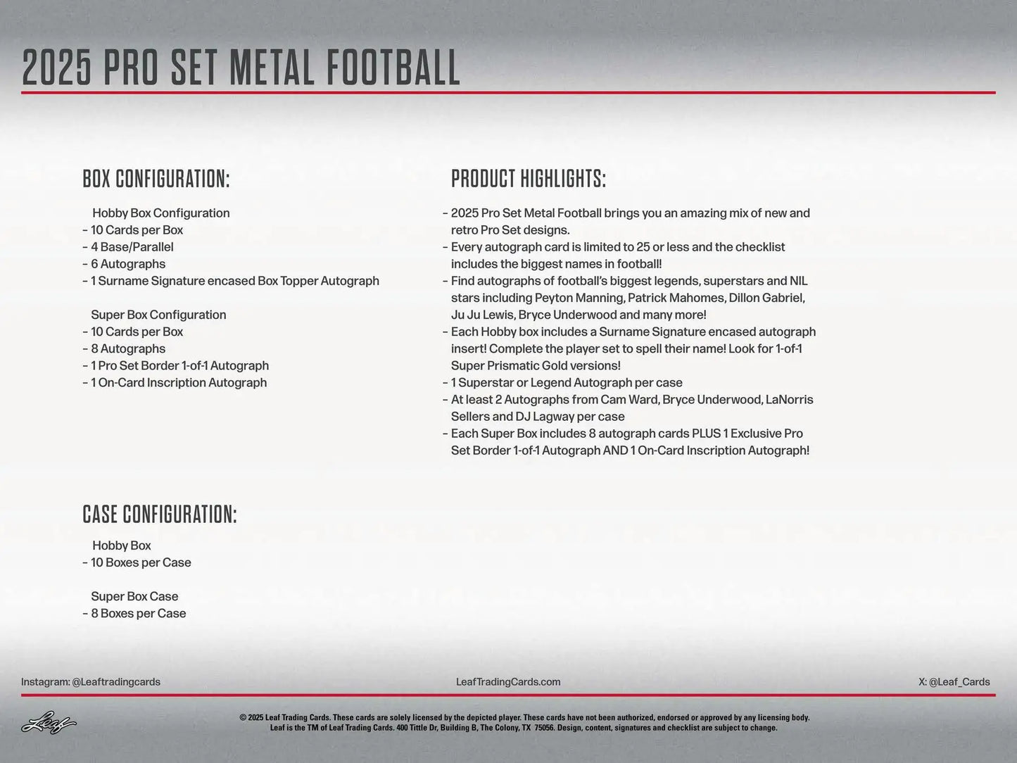 Product sheet for 2025 Leaf Pro Set Metal Football trading cards in surname signature box