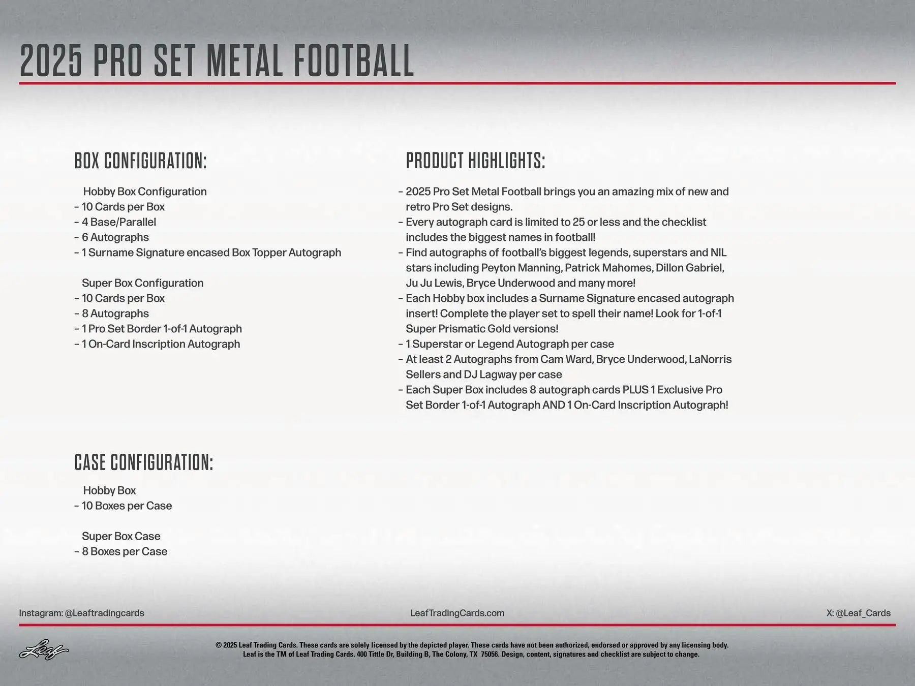 Product sheet for 2025 Leaf Pro Set Metal Football trading cards in surname signature box