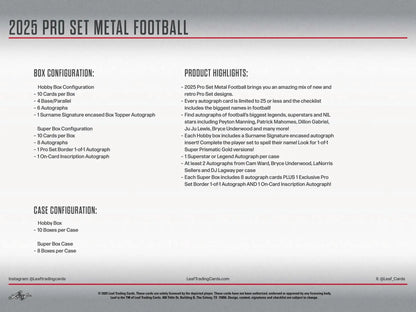 Product sheet for 2025 Leaf Pro Set Metal Football trading cards in surname signature box